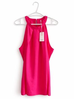 Hot Pink Pleated Halter Neck Flowy Blouse Tank Top - Size Extra Large NWT